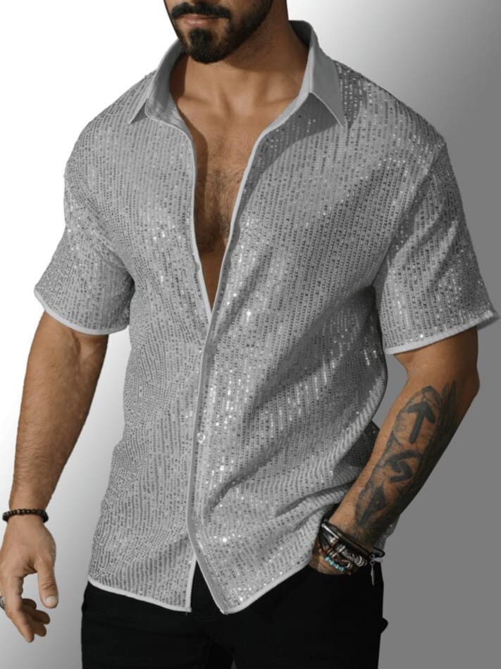 CrystalCity Men's Shiny Sequin Decorated Fashionable Disco Party Design Short Sleeve Shirt